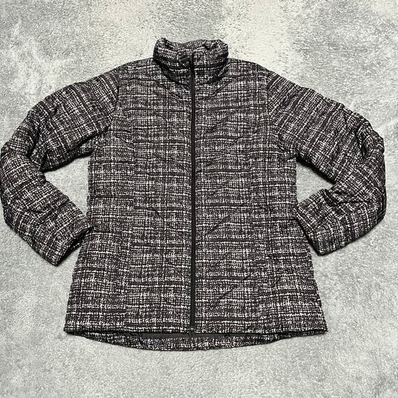 Lands End Down Coat Women Medium Tall Puffer Quilted Gray Black Pattern Jacket - Picture 1 of 8